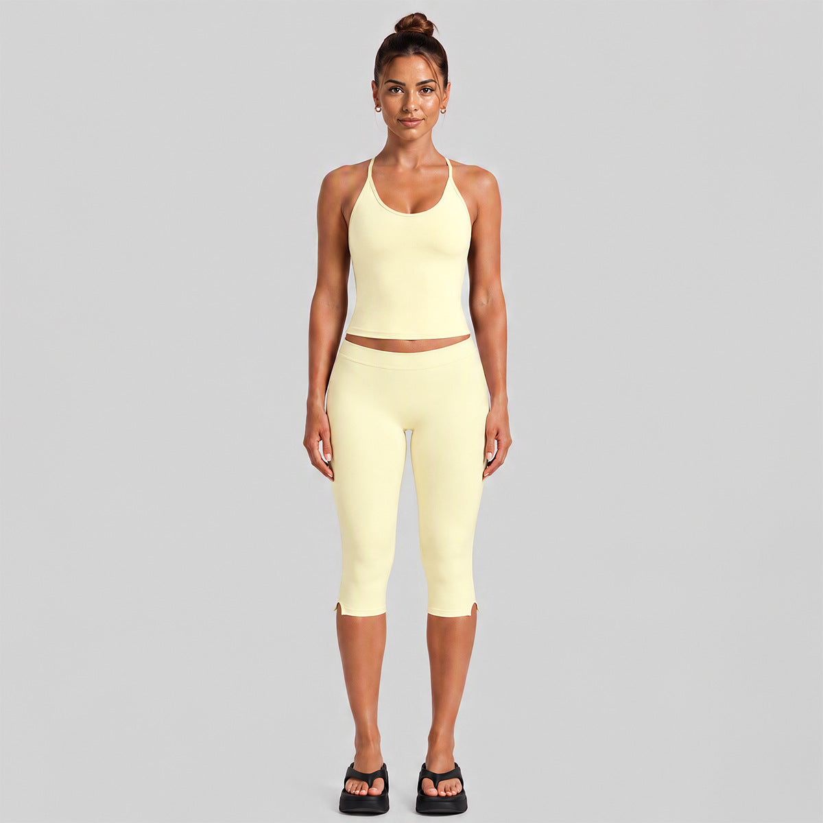 Wholesale Women’s Fitness Set | Backless Halter Sports Top & 3/4-Length Workout Pants | fouregg - Cream Yellow