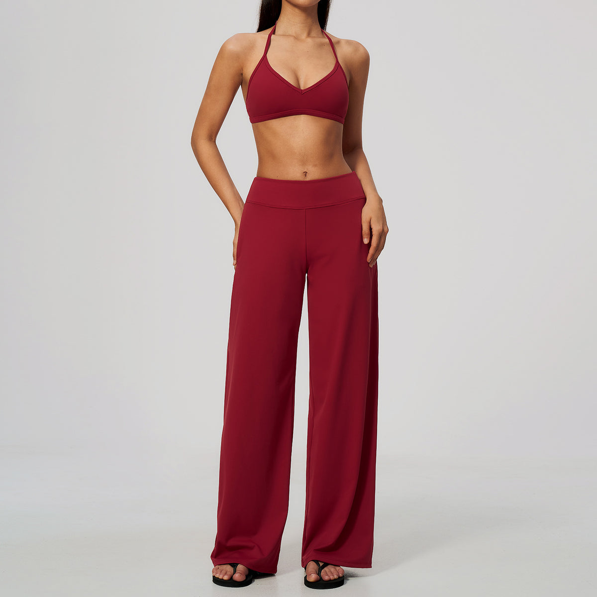 Wholesale Women’s Brushed Activewear Set | Halter Low-Rise Workout Wear 5555 | fouregg - 5555文胸+5555-1长裤—樱桃红
