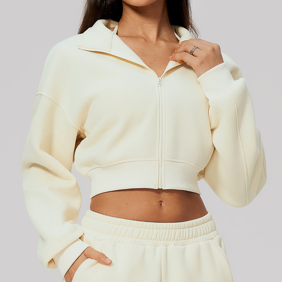 Wholesale Women’s Cropped Sports Jacket | Bulk Warm Windproof Fleece 3615 | fouregg - Cream White