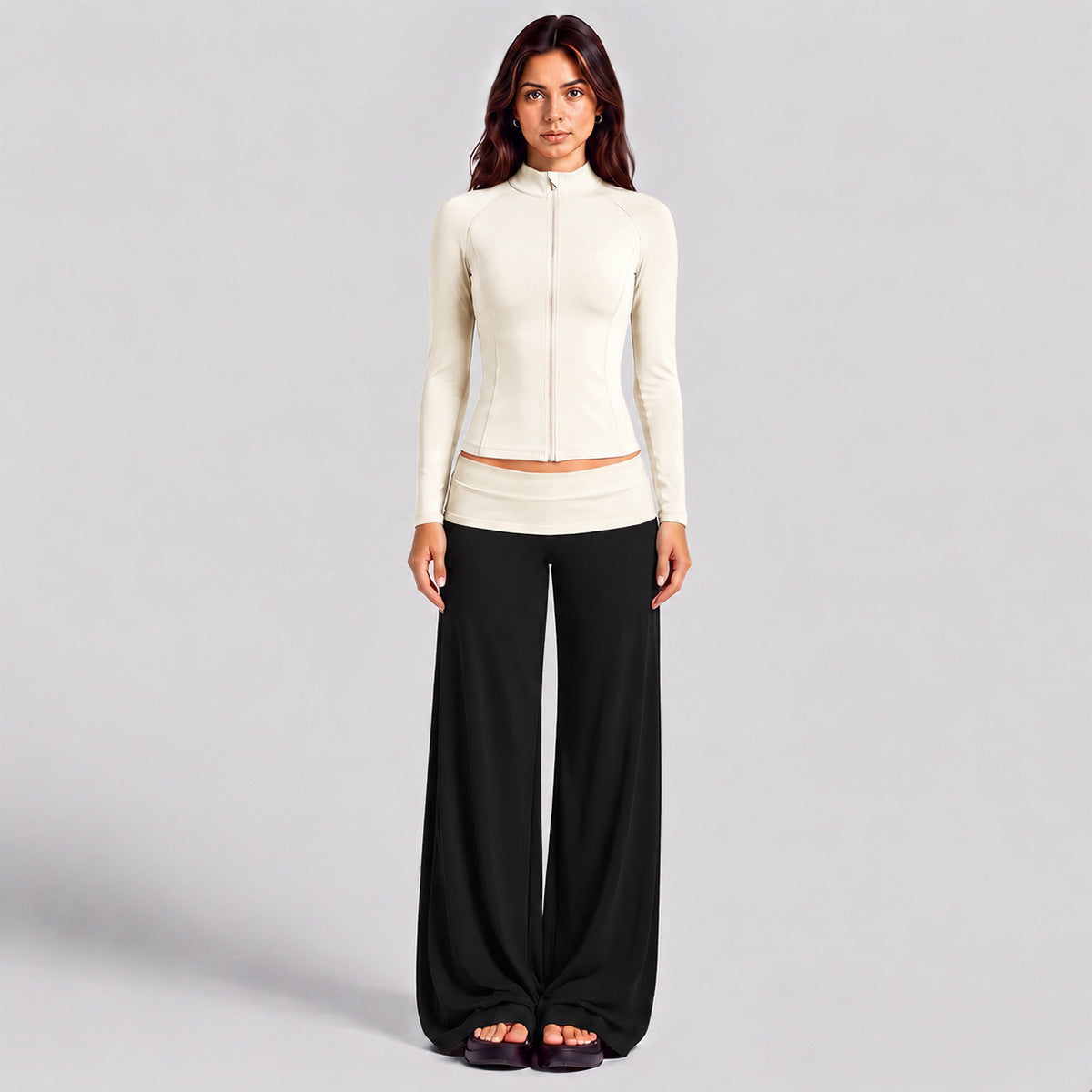 Wholesale Women’s Activewear Set | High-Neck Workout Jacket & Color-Block Yoga Leggings | fouregg - Albumen White