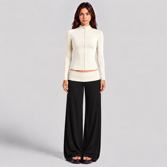 Wholesale Women’s Activewear Set | High-Neck Workout Jacket & Color-Block Yoga Leggings | fouregg - Albumen White