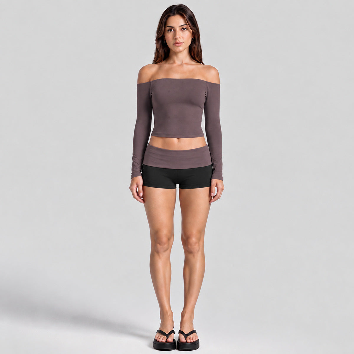 Wholesale Women’s Activewear Set | Color-Block Off-Shoulder Top & Polka Dot Workout Trousers | fouregg - 6049 Long Sleeve + 6187 Shorts, Deep Brown