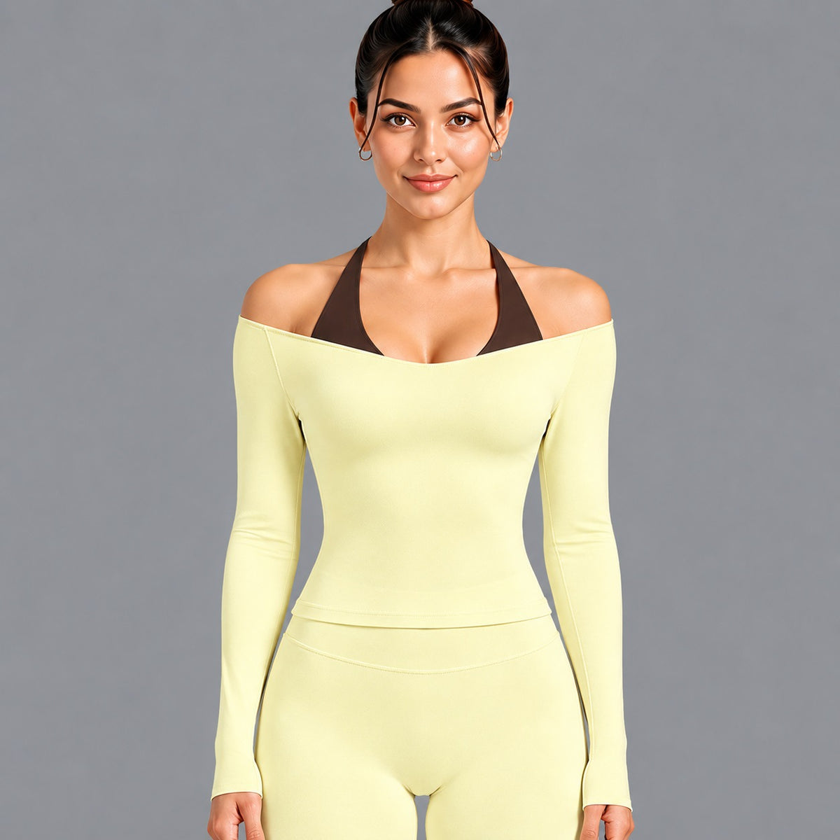 Wholesale Women’s Activewear Set | Double-Layer Halter Sports Top & Breathable Fitness Leggings | fouregg - 6278 Long Sleeve Cream Yellow