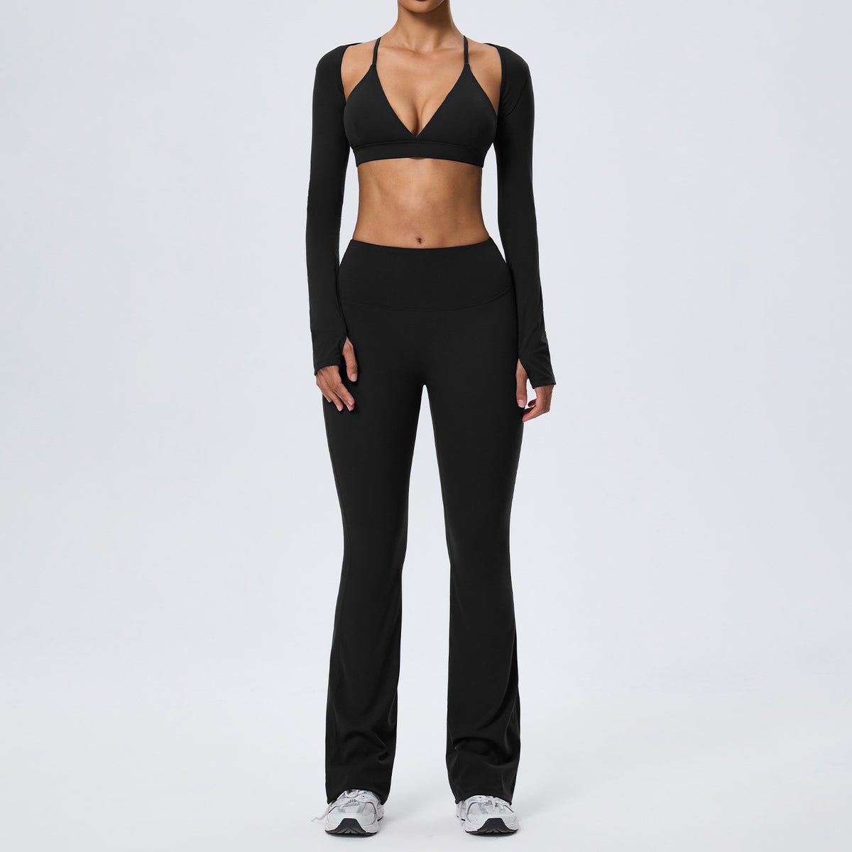 Wholesale Women’s Double-Brushed Yoga Set | Bulk 3-Piece Sculpting Fitness & Running Wear | fouregg - Black
