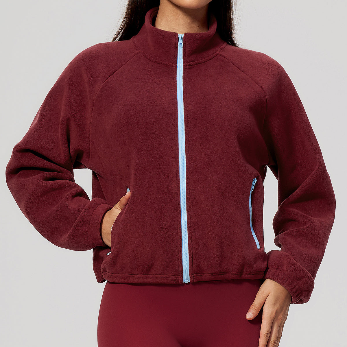 Wholesale Women’s Casual Activewear Jacket 5585 | Relaxed-Fit Warm Cropped Zip-Up | fouregg - Deep Pomegranate