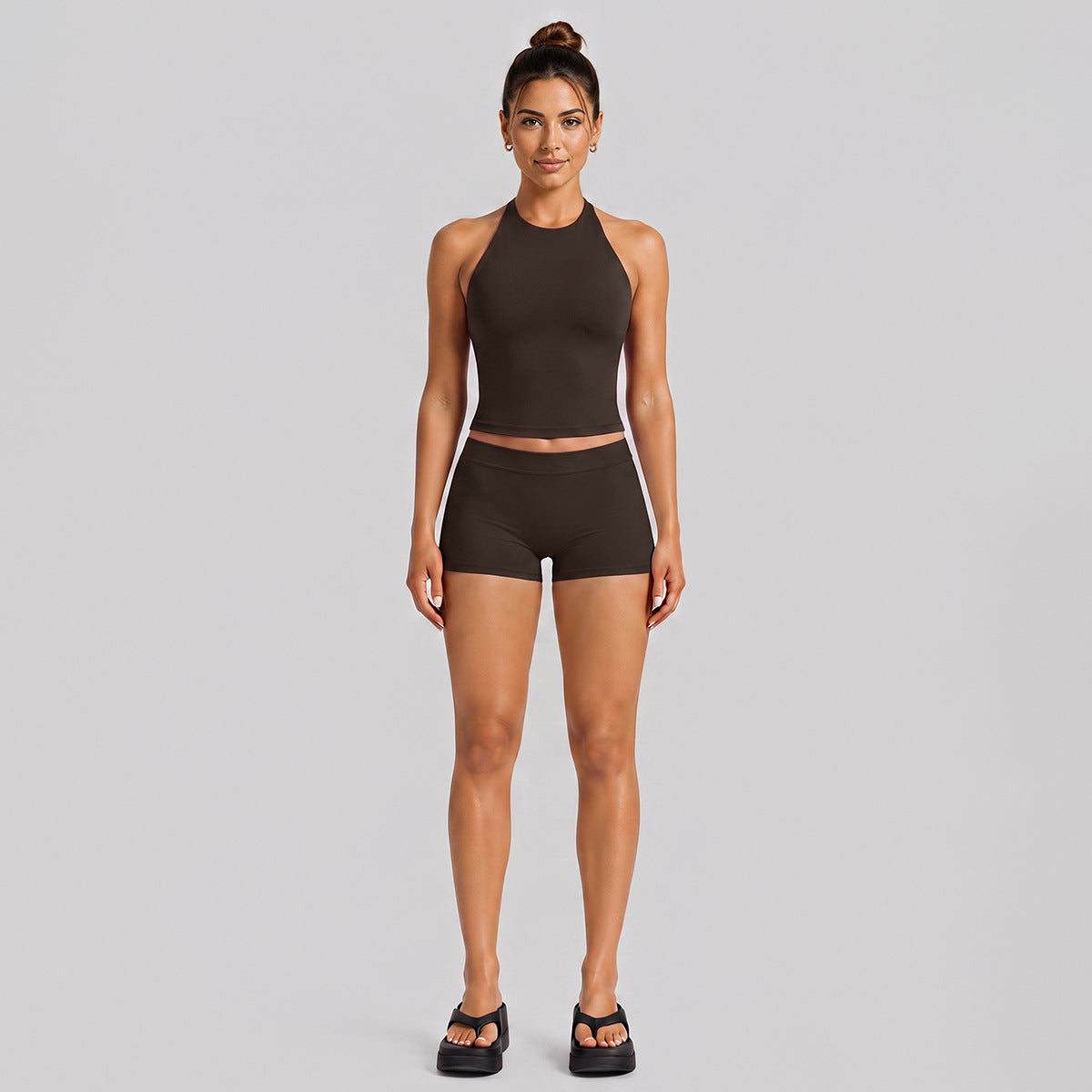 Wholesale Women’s Activewear Set | Halter Neck Workout Top & High-Stretch Pilates Leggings | fouregg - Shorts Set, Root Brown