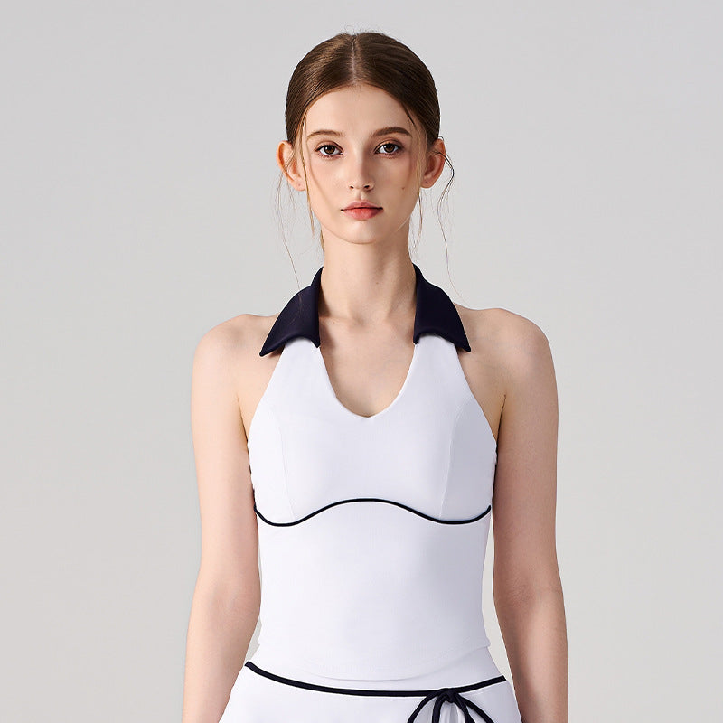 Wholesale Women’s Halter Polo Tank Top | Bulk Breathable Padded Yoga & Fitness Wear | fouregg - White
