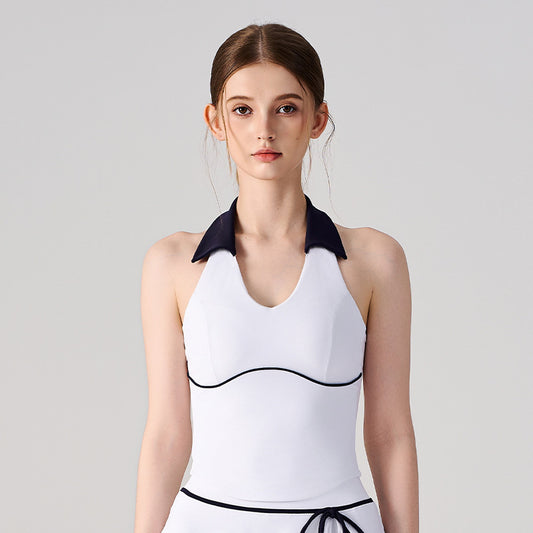 Wholesale Women’s Halter Polo Tank Top | Bulk Breathable Padded Yoga & Fitness Wear | fouregg - White