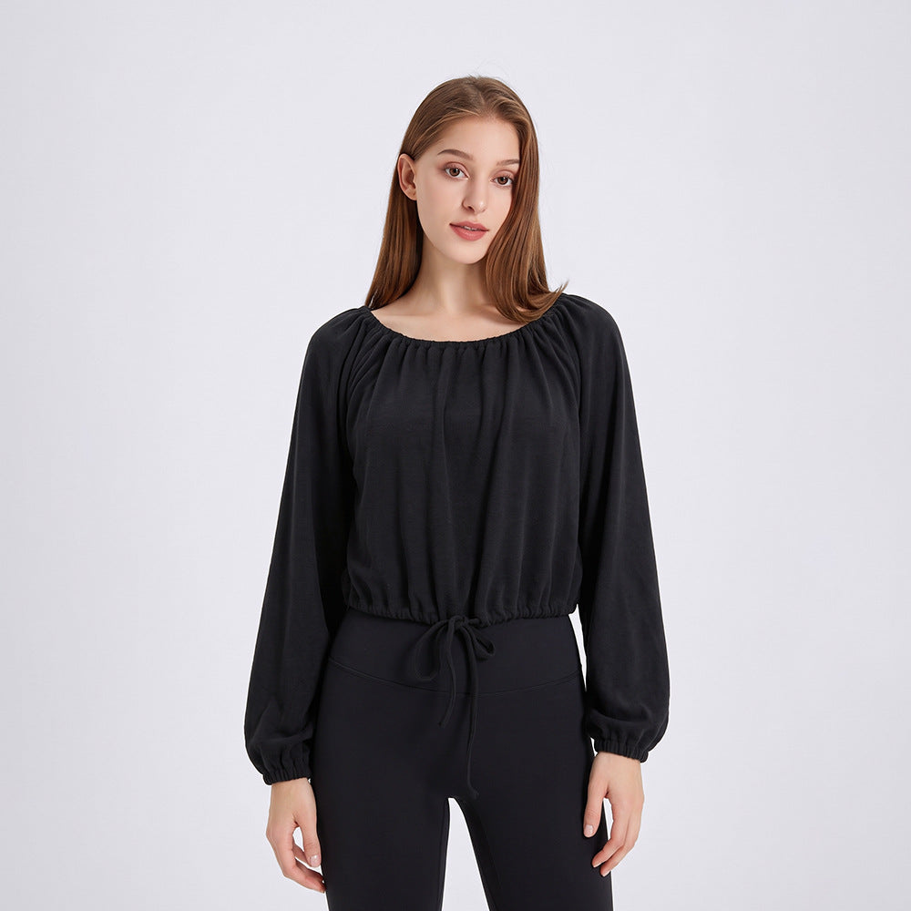 Wholesale Women’s Activewear Top | Slim-Fit Drawstring Off-Shoulder Warm-Up Shirt | fouregg - Black