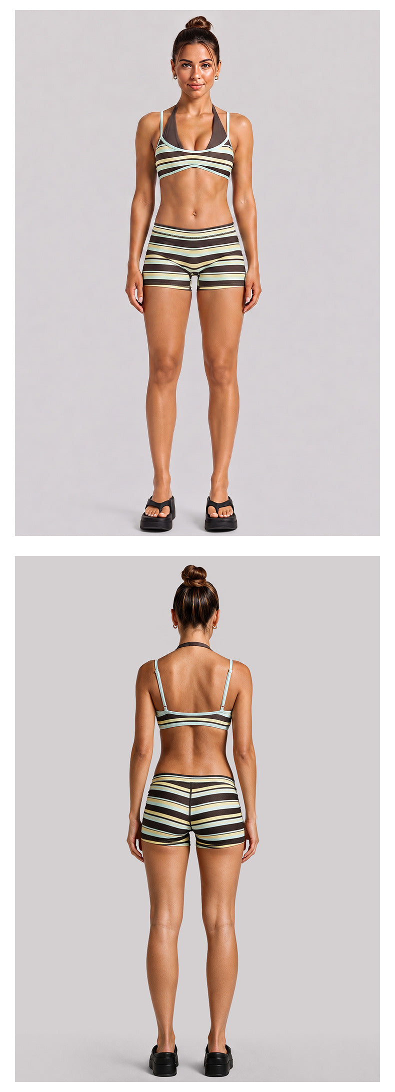 Wholesale Women’s Color-Block Activewear Set | Striped Backless Sports Top & Running Workout Pants | fouregg