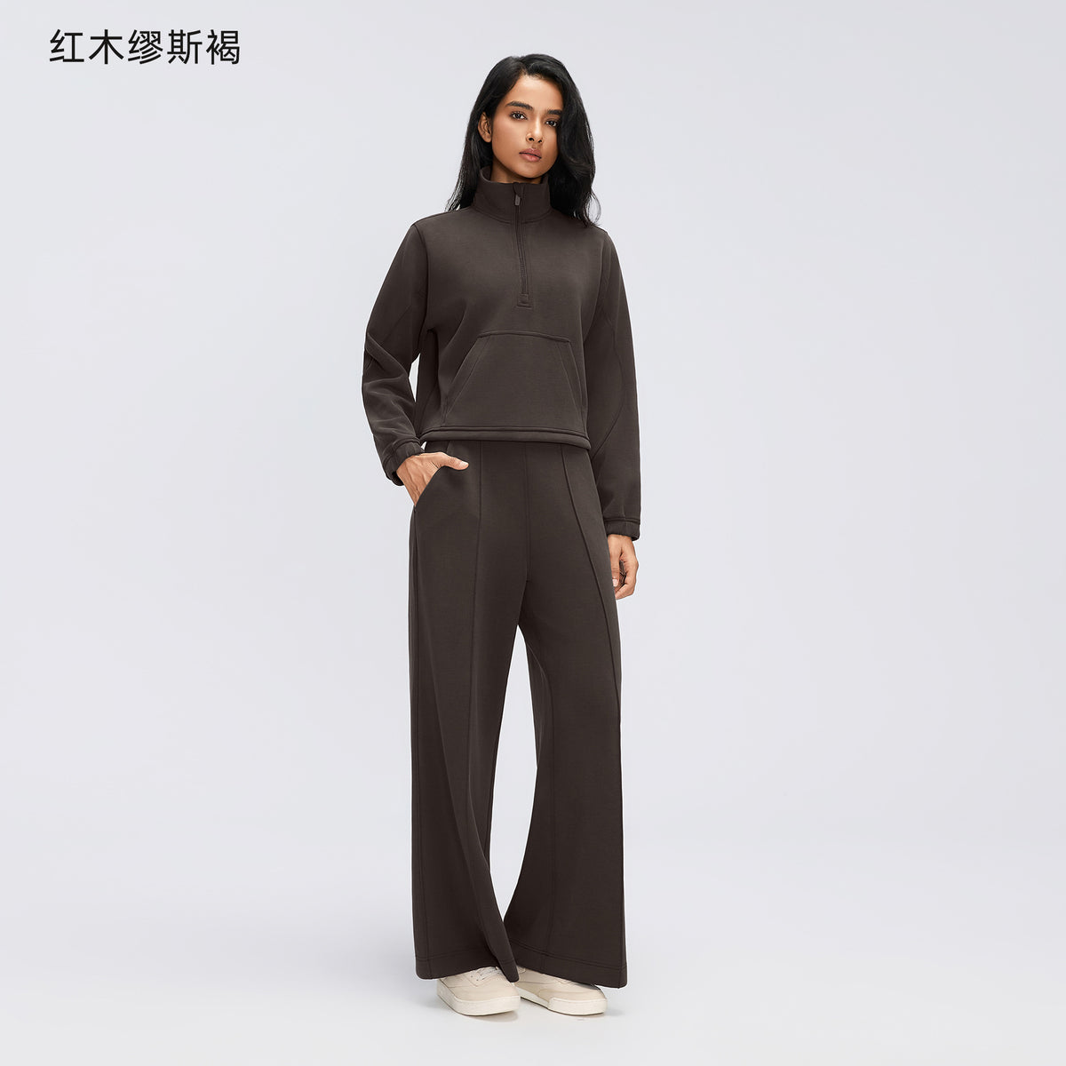 Wholesale Women’s Casual Activewear Set | Relaxed Cropped Sports Jacket & Straight-Leg Trousers | fouregg - Mahogany Muse Brown D26158+D26159