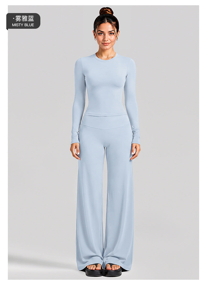 Wholesale Women’s Activewear Set | Fitted Long Sleeve Tee & Loose Straight-Leg Workout Trousers | fouregg