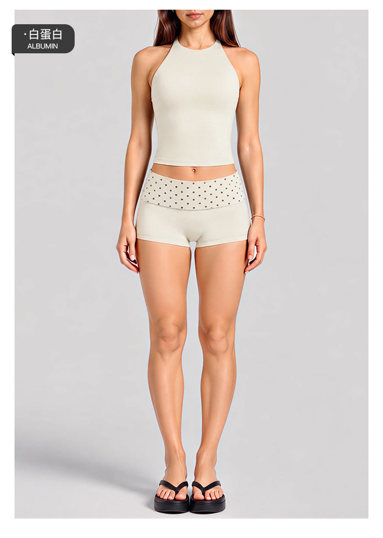 Wholesale Women’s Activewear Set | Halter Sports Top & Contrast Polka Dot Workout Pants | fouregg
