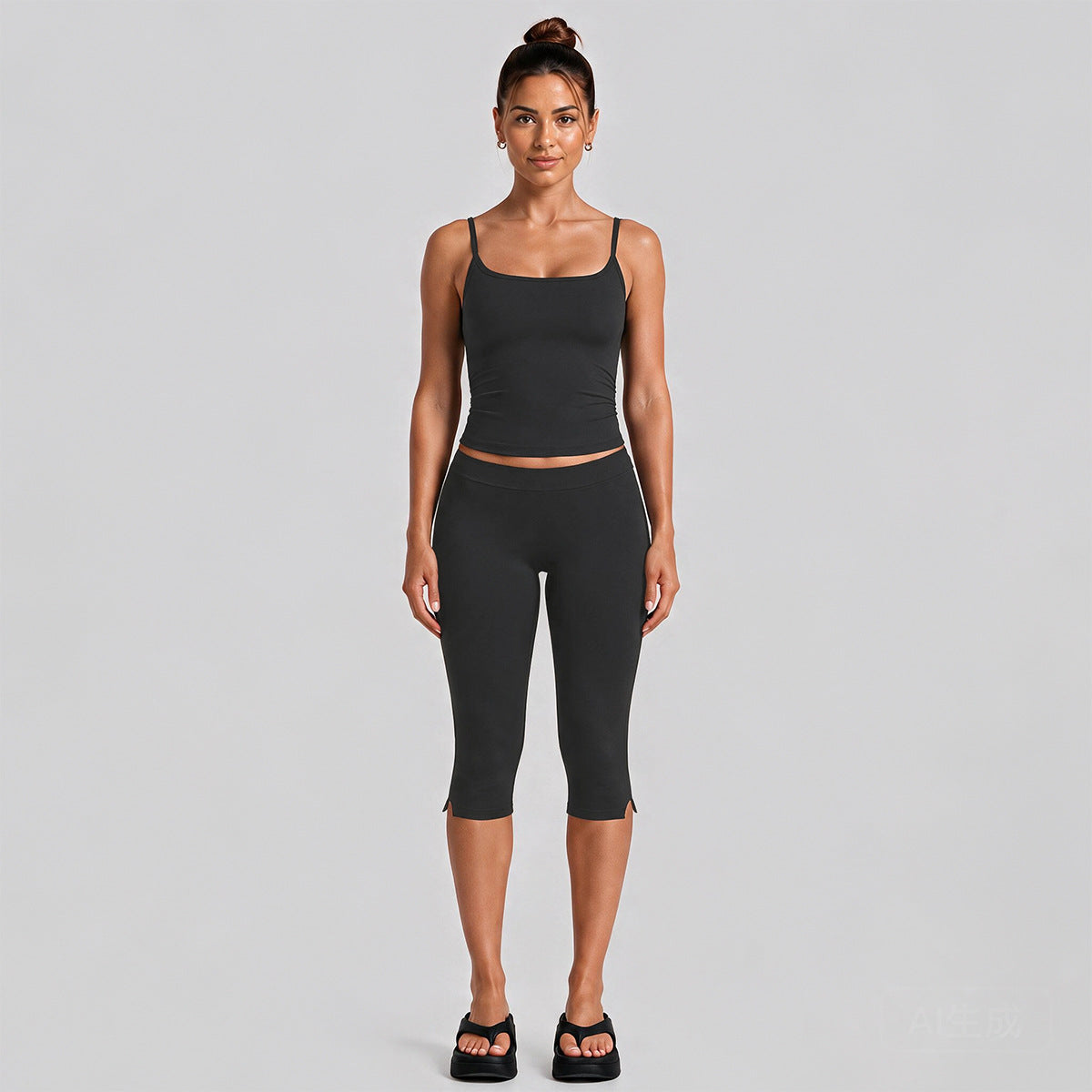 Wholesale Women’s Quick-Dry Activewear Set | Slim-Fit Dual-Strap Tank Top & 3/4-Length Cycling Pants | fouregg - Black