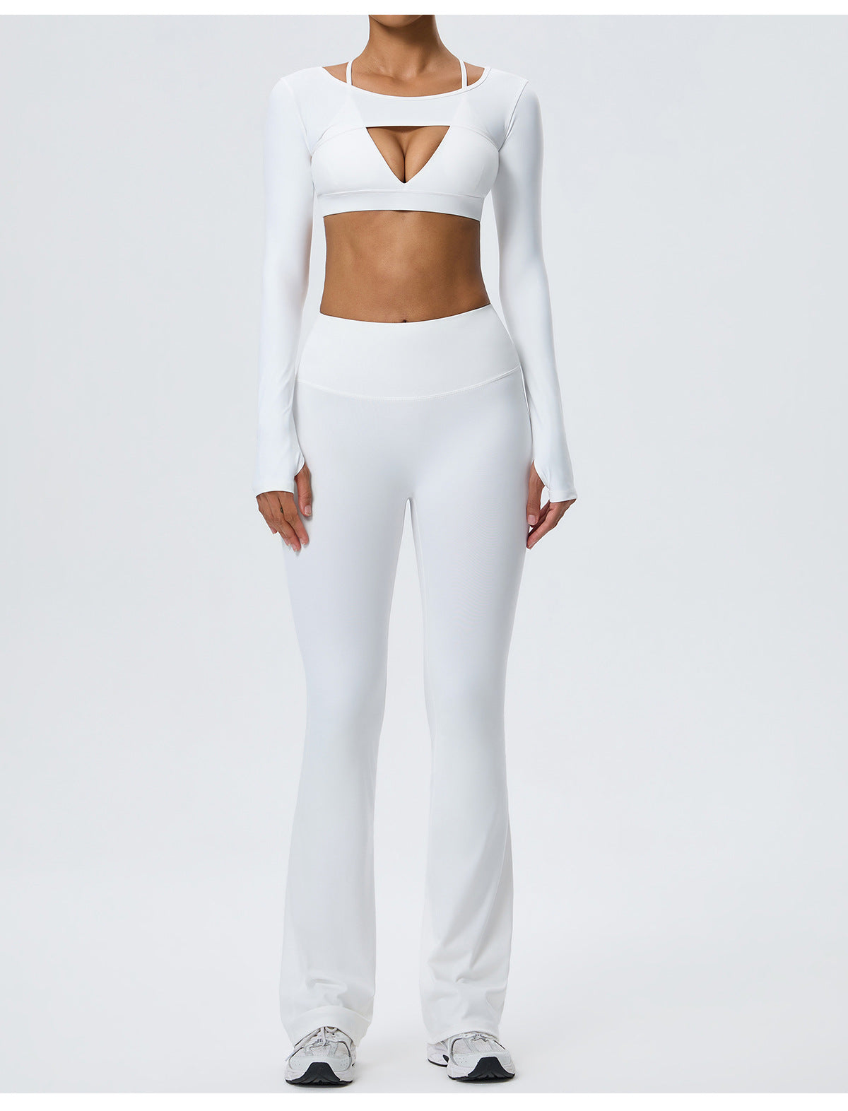 Wholesale Nude-Feel Activewear Set | Double-Brushed Bra, Butt-Lift Flare Pants & Cover-Up | fouregg