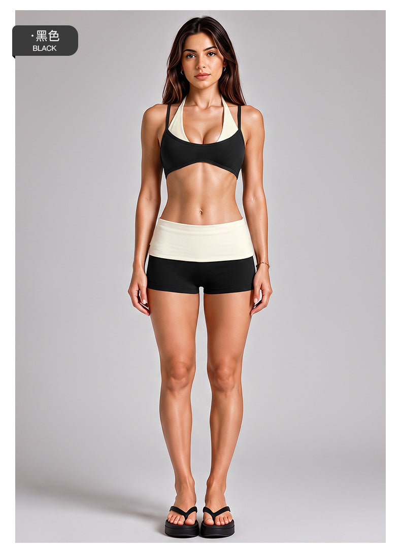 Wholesale Women’s Activewear Set | Backless Halter Bra & Color-Block High-Waisted Yoga Pants | fouregg