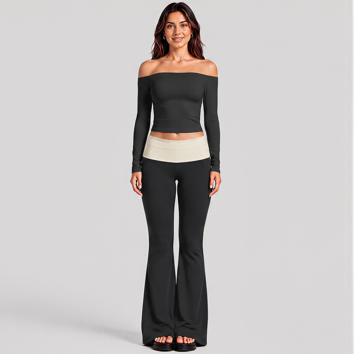 Wholesale Women’s Activewear Set | Color-Block Off-Shoulder Top & Polka Dot Workout Trousers | fouregg - 6049 Long Sleeve + 6187 Long Pants, Black