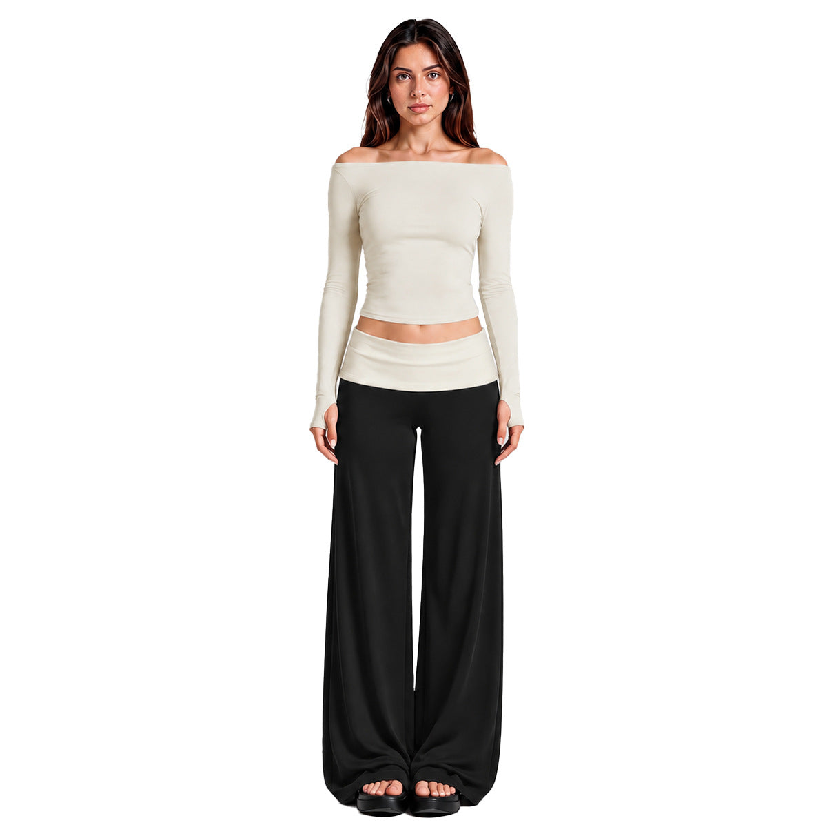 Wholesale Women’s Activewear Set | Quick-Dry Long Sleeve Off-Shoulder Top & High-Waisted Workout Pants | fouregg