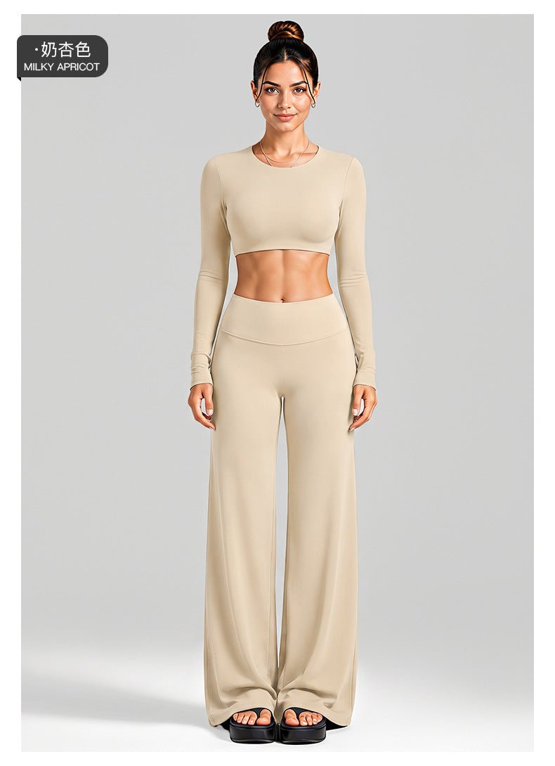 Wholesale Women’s Activewear Set | Cutout Back Long Sleeve Tee & High-Waisted Loose Pants | fouregg
