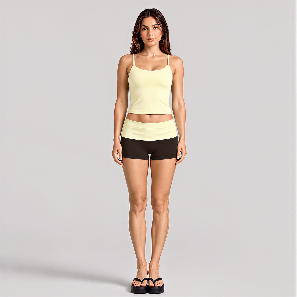 Wholesale Women’s Activewear Set | Backless Sports Tank & Color-Block High-Waisted Yoga Leggings | fouregg - Tank Top + Shorts, Cream Yellow