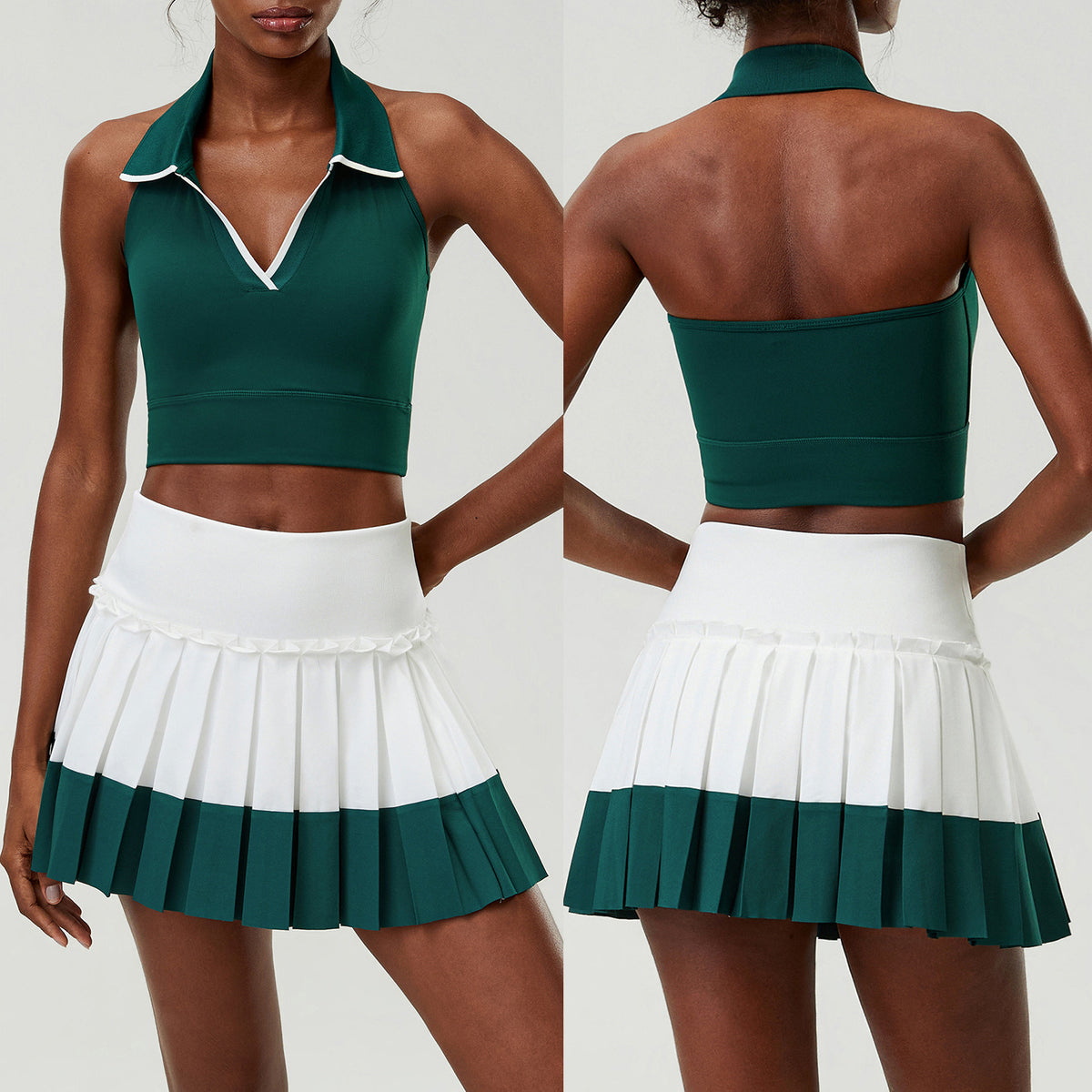 Wholesale Women's 2-Piece Tennis Skirt Set | Halter Sports Tank & Puff-Edge Skirt | Quick-Dry Activewear | fouregg - Vintage Green