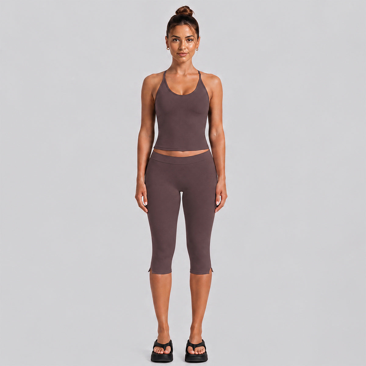 Wholesale Women’s Fitness Set | Backless Halter Sports Top & 3/4-Length Workout Pants | fouregg - Dark Brown