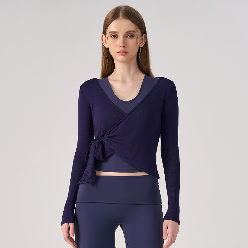 Wholesale Women’s Wrap Yoga Top | Thin Long-Sleeve Crossover Cardigan for Pilates & Activewear | fouregg - Navy Blue