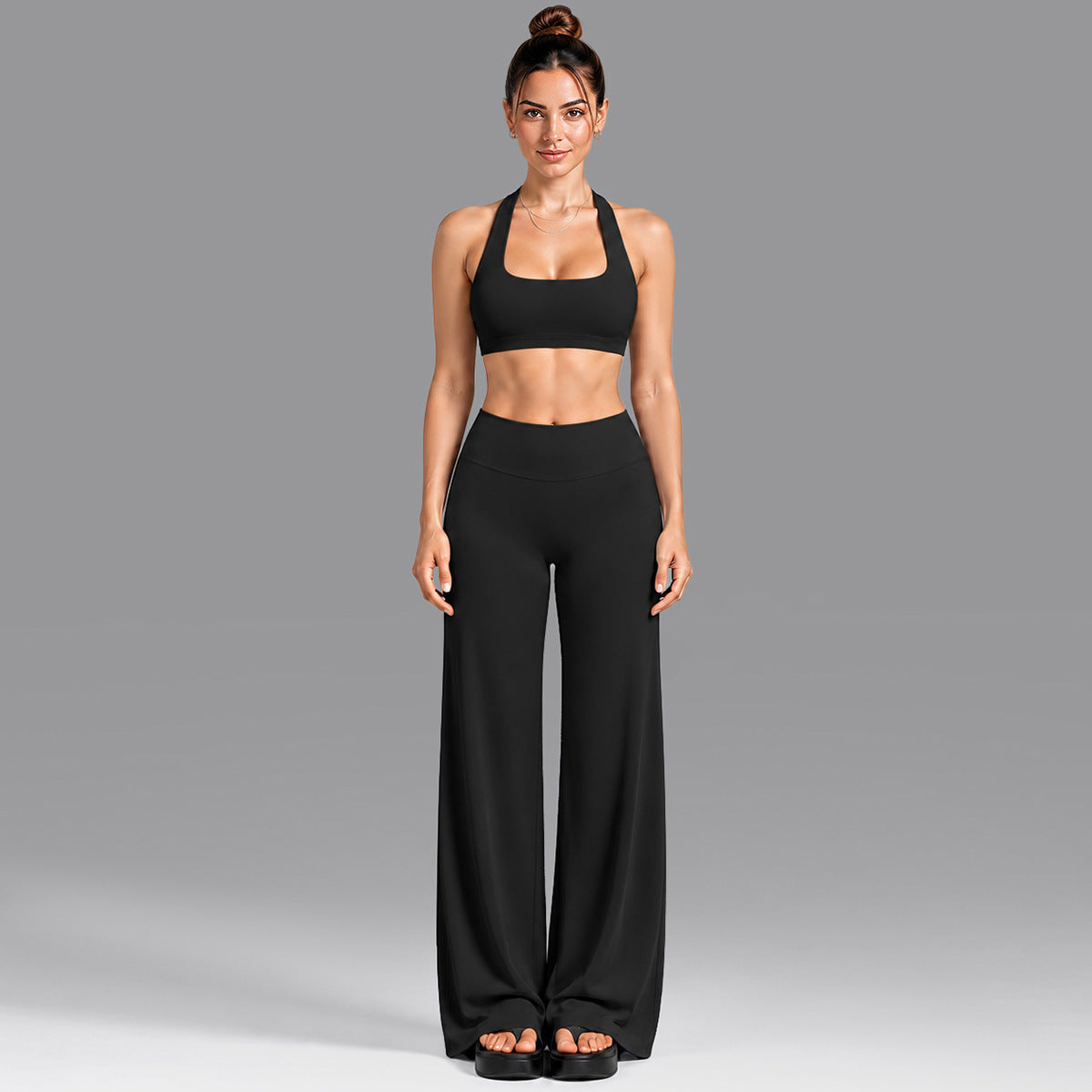 Wholesale Women’s Summer Activewear Set | Built-In Cup Halter Bra & Open-Back Pilates Outfit | fouregg - Underwear + Pants Black
