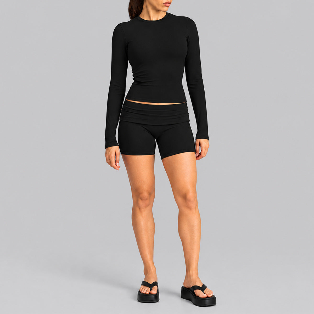 Wholesale Women’s Activewear Set | Fitted Long Sleeve Tee & Loose-Fit Foldover Waist Workout Pants | fouregg - Long Sleeve + Shorts, Black