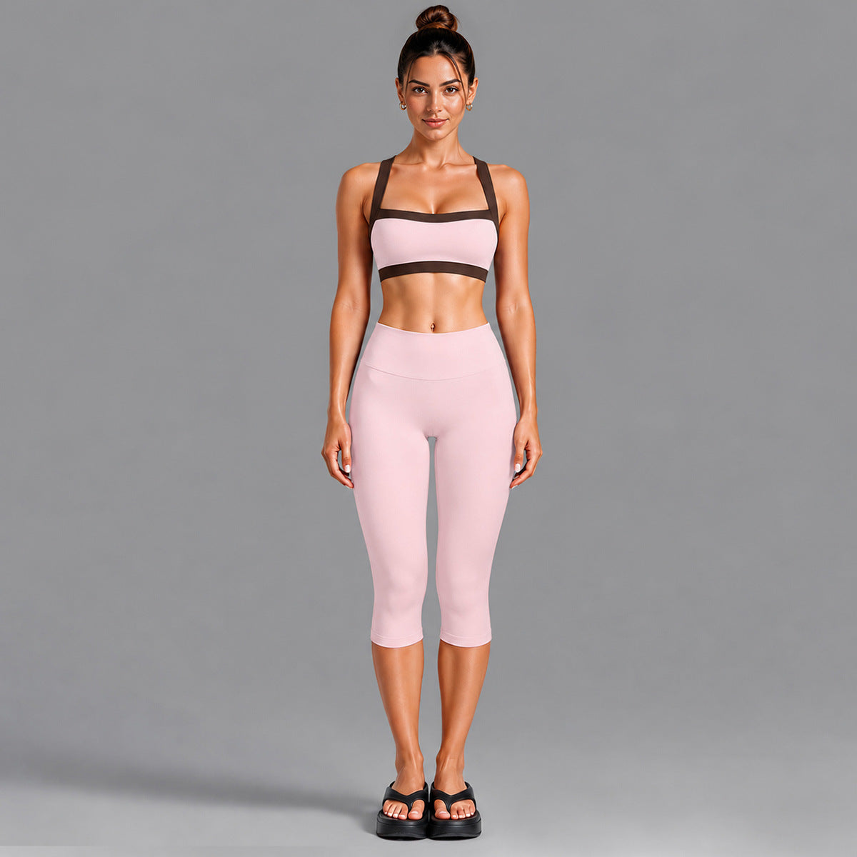 Wholesale Women’s Activewear Set | Contrast-Color Yoga Bra & Pilates Fitness Pants | fouregg - 6231 Underwear + 1554 Mid-Length Pants Pink