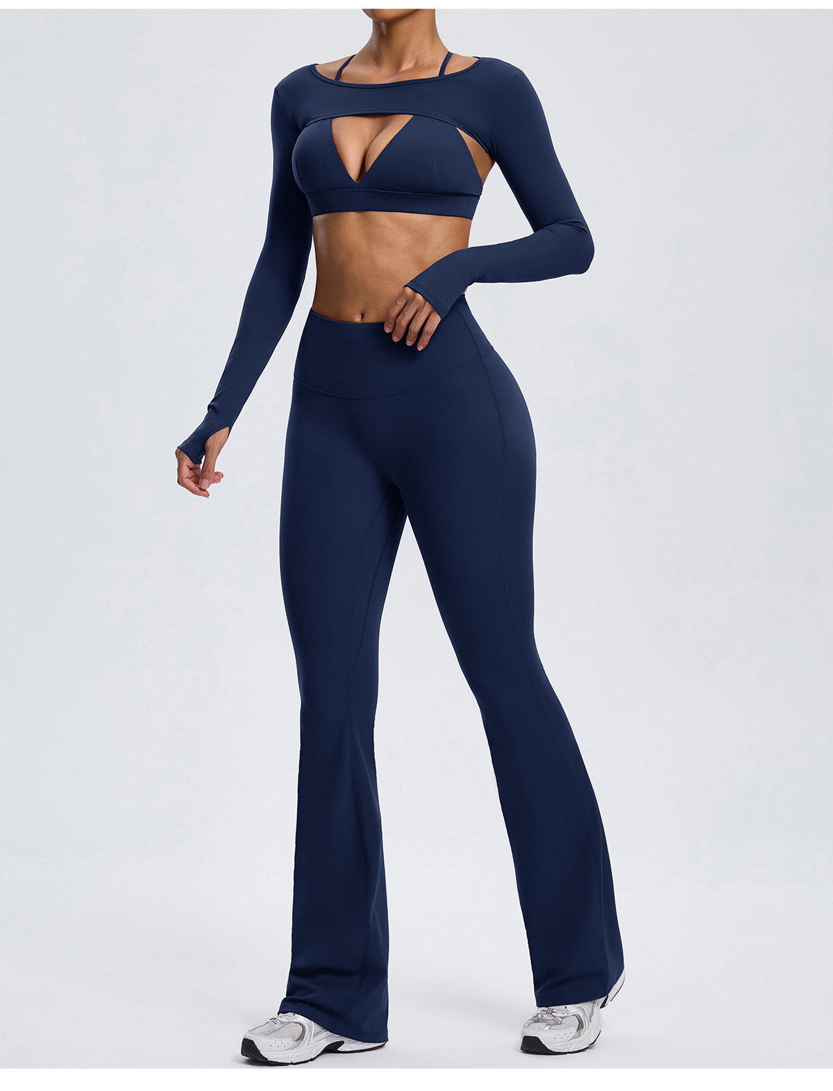 Wholesale Nude-Feel Activewear Set | Double-Brushed Bra, Butt-Lift Flare Pants & Cover-Up | fouregg