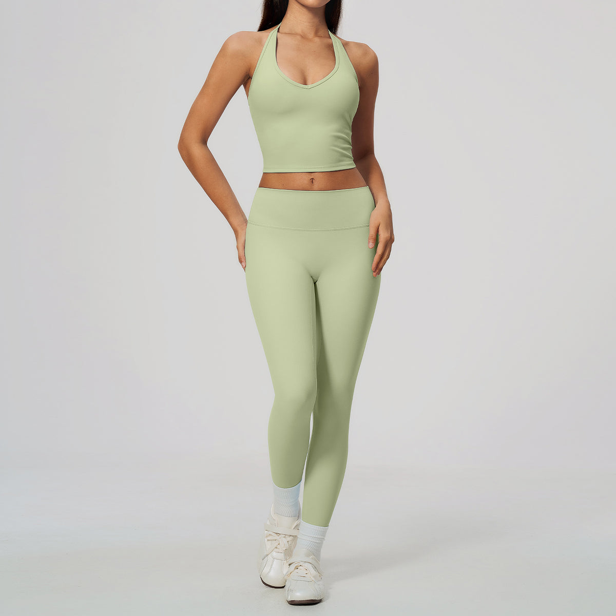 Wholesale Women’s Quick-Dry Activewear Set 5529 | Halter Tank & Sculpting Yoga Pants | fouregg - 5529 Vest + 8519 Pants, Misty Green
