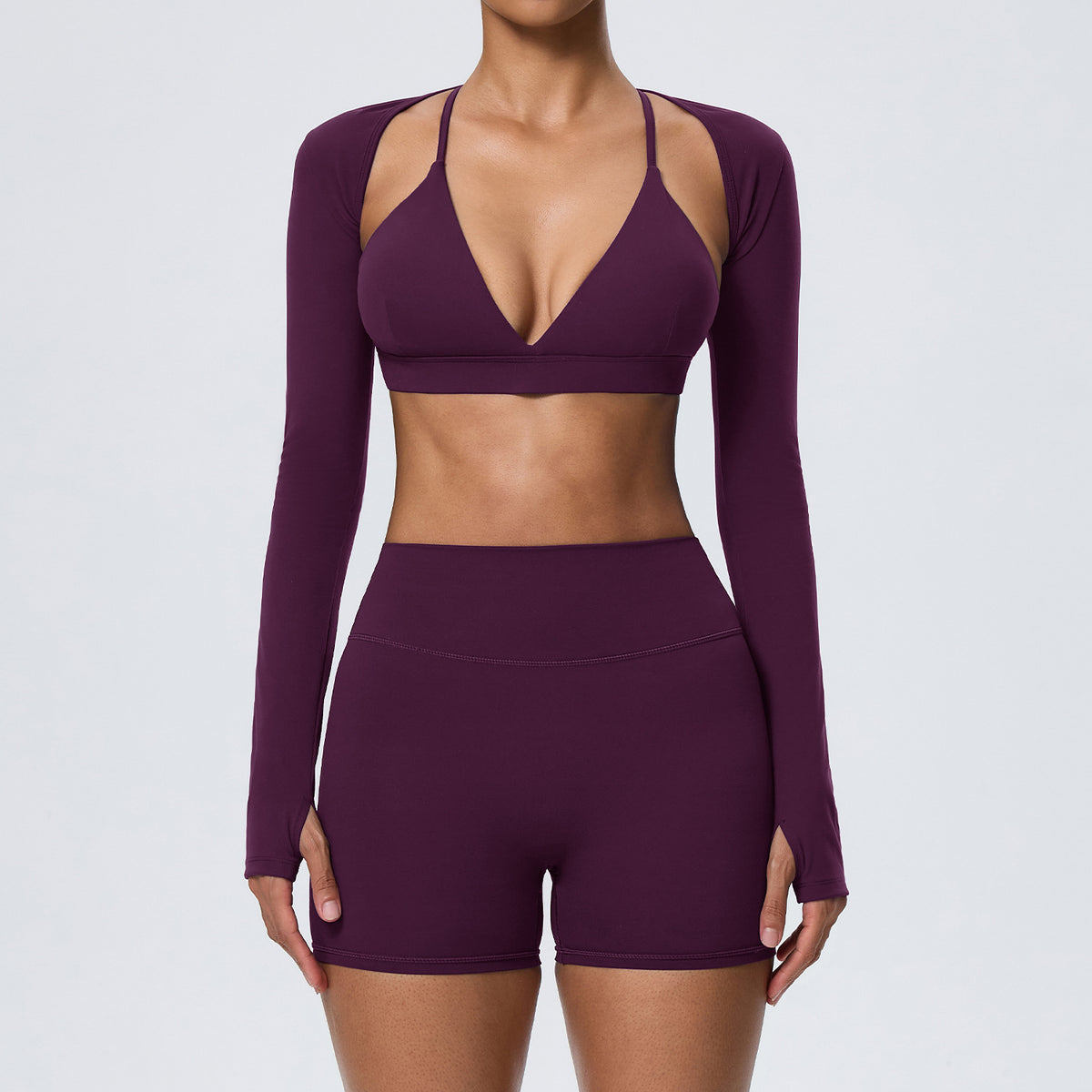 Wholesale Women’s Double-Brushed Activewear Set | Bulk 3-Piece Yoga & Running Outfit | fouregg - Plum Purple