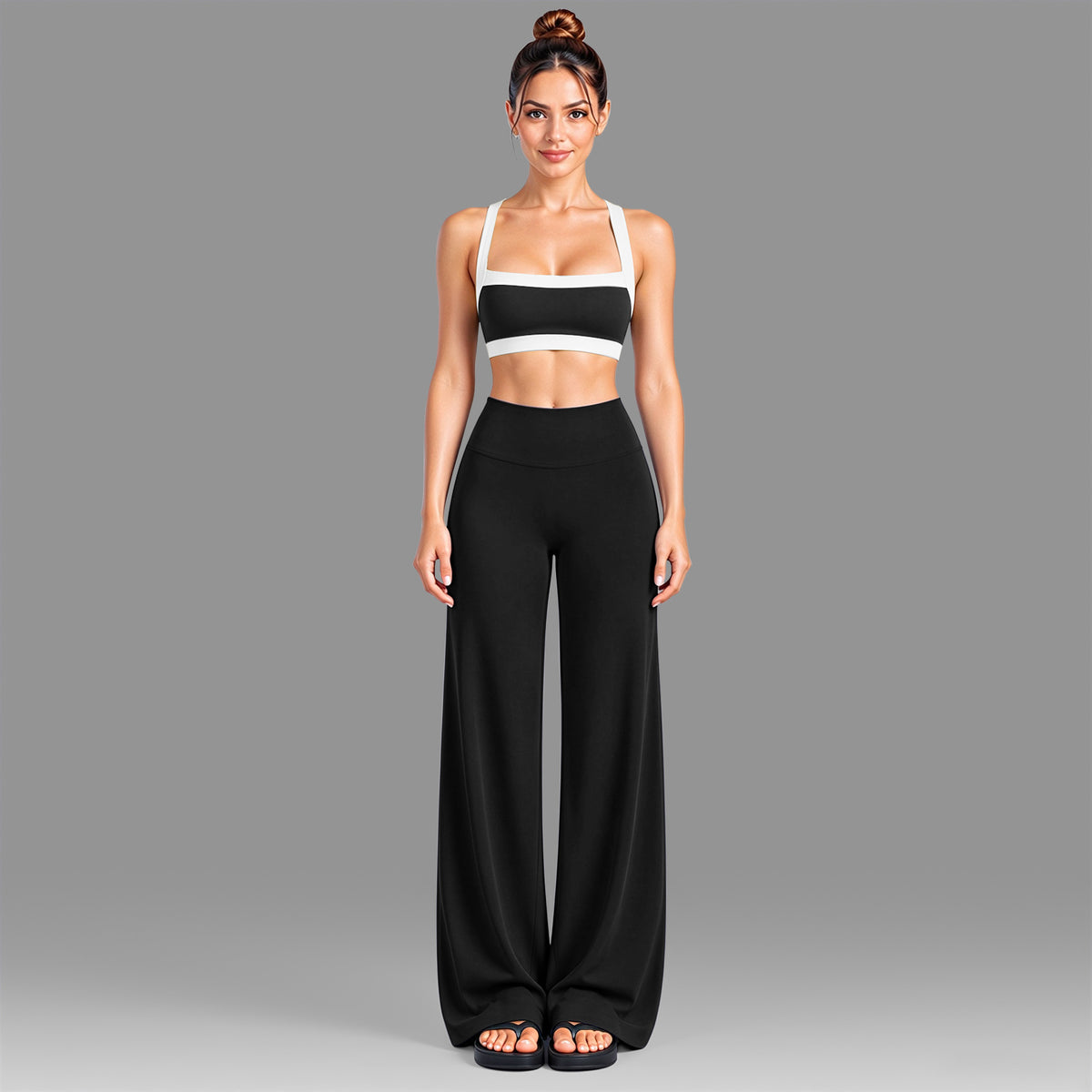 Wholesale Women’s Activewear Set | Color-Block Workout Bra & Low-Waisted Casual Fitness Pants | fouregg - Underwear + Pants Black