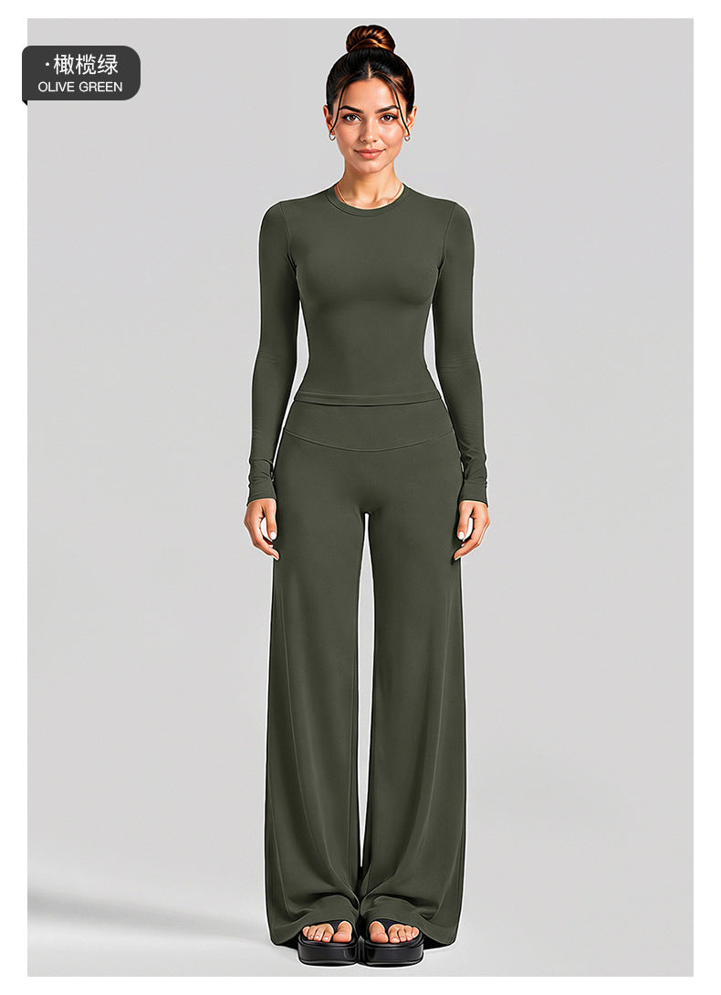 Wholesale Women’s Activewear Set | Fitted Long Sleeve Tee & Loose Straight-Leg Workout Trousers | fouregg