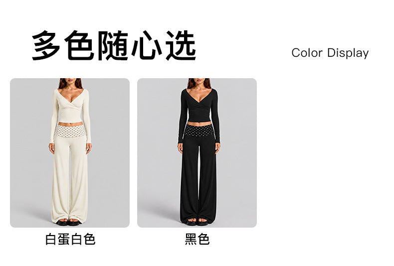 Wholesale Women’s Activewear Set | Color-Block Off-Shoulder Top & Polka Dot Workout Trousers | fouregg
