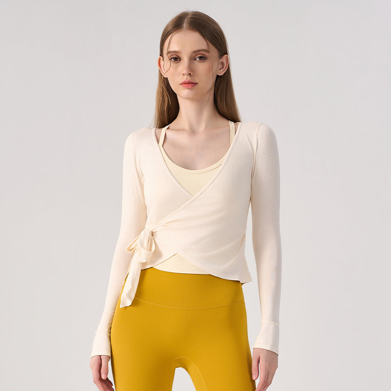 Wholesale Women’s Wrap Yoga Top | Thin Long-Sleeve Crossover Cardigan for Pilates & Activewear | fouregg - Cream Apricot