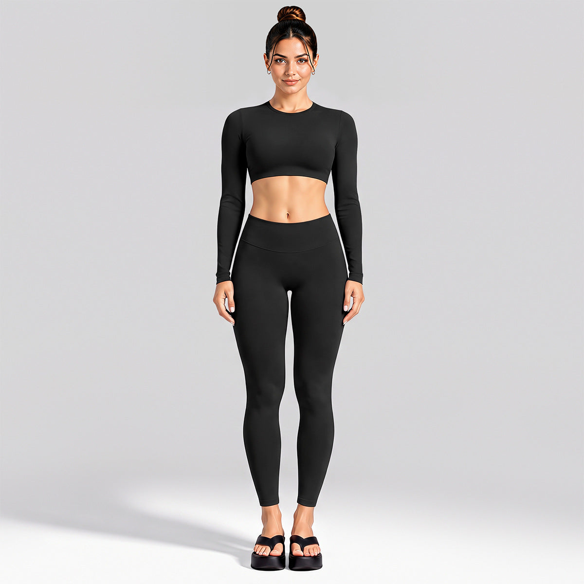 Wholesale Women’s Activewear Set | Cutout Back Long Sleeve Tee & High-Waisted Loose Pants | fouregg - Long Sleeve + Leggings Black