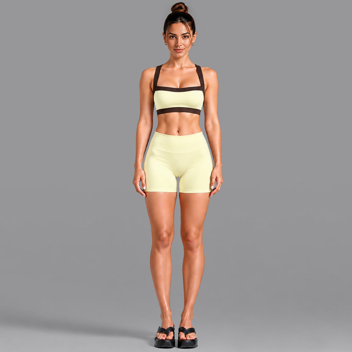 Wholesale Women’s Activewear Set | Contrast-Color Yoga Bra & Pilates Fitness Pants | fouregg - 6231 Underwear + XL41 Shorts Cream Yellow