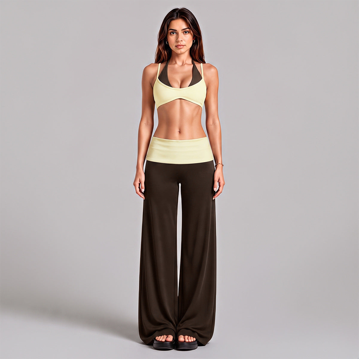 Wholesale Women’s Activewear Set | Backless Halter Bra & Color-Block High-Waisted Yoga Pants | fouregg - Underwear + Long Pants, Cream Yellow