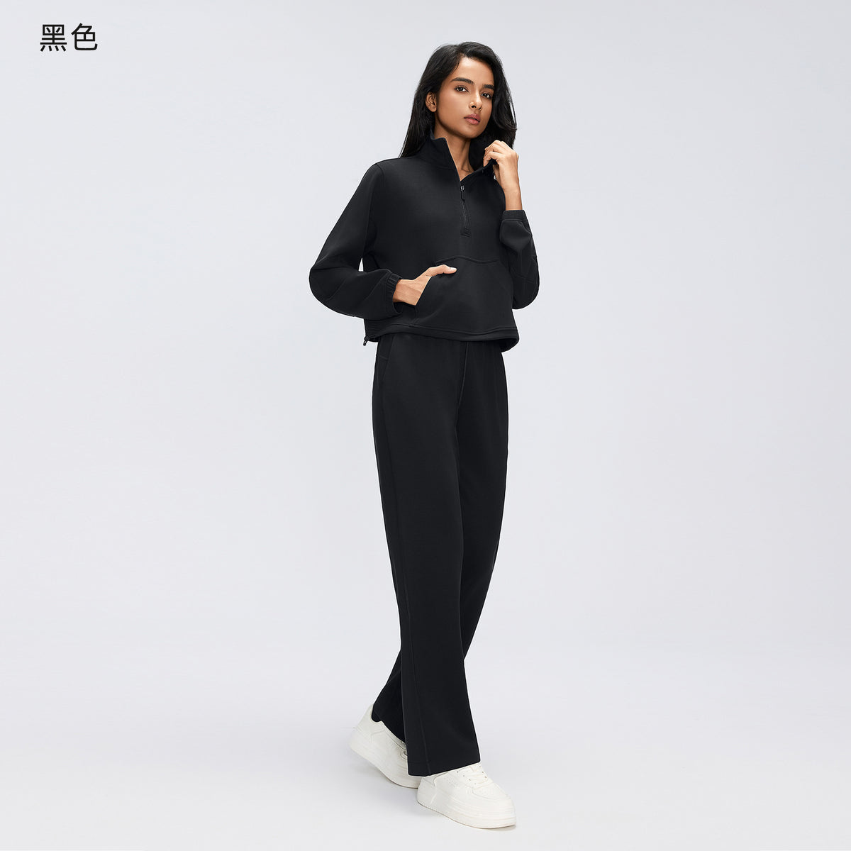 Wholesale Women’s Casual Activewear Set | Relaxed Cropped Sports Jacket & Straight-Leg Trousers | fouregg - Black D26157+D26158