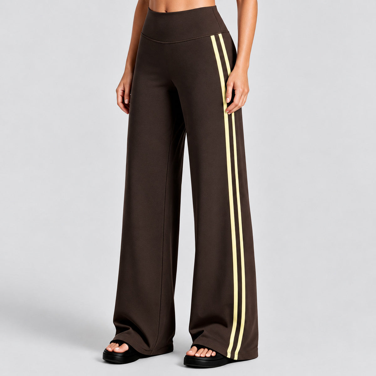 Wholesale Women’s Quick-Dry Yoga Set | Backless Halter Sports Top & Relaxed Straight-Leg Trousers | fouregg - Pants, root-cover brown with cream yellow trim