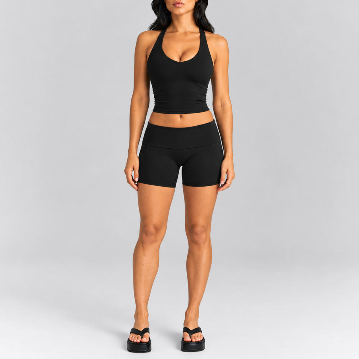 Wholesale Women’s Activewear Set | Quick-Dry Racerback Sports Tank & Relaxed Workout Trousers | fouregg - Tank Top + Shorts, Black