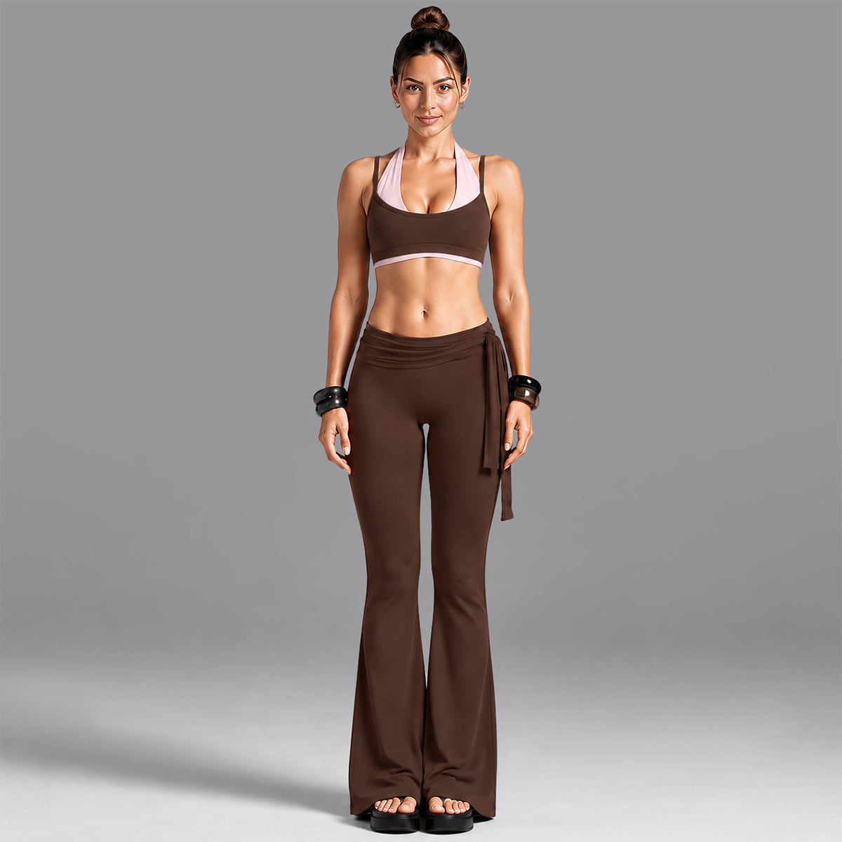 Wholesale Women’s Activewear Set | Dual-Layer Halter Sports Top & Tie-Detail Quick-Dry Workout Pants | fouregg - Underwear + Flared Pants, Brown Pink