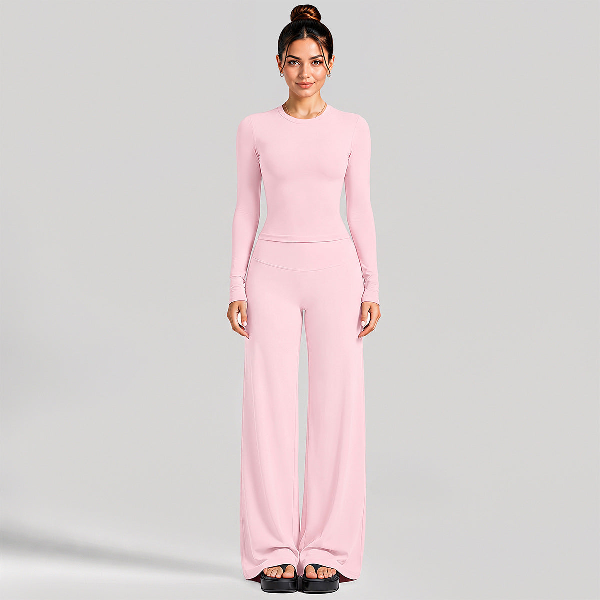 Wholesale Women’s Activewear Set | Fitted Long Sleeve Tee & Loose Straight-Leg Workout Trousers | fouregg - Long Sleeve + Straight-Leg Pants, Pink