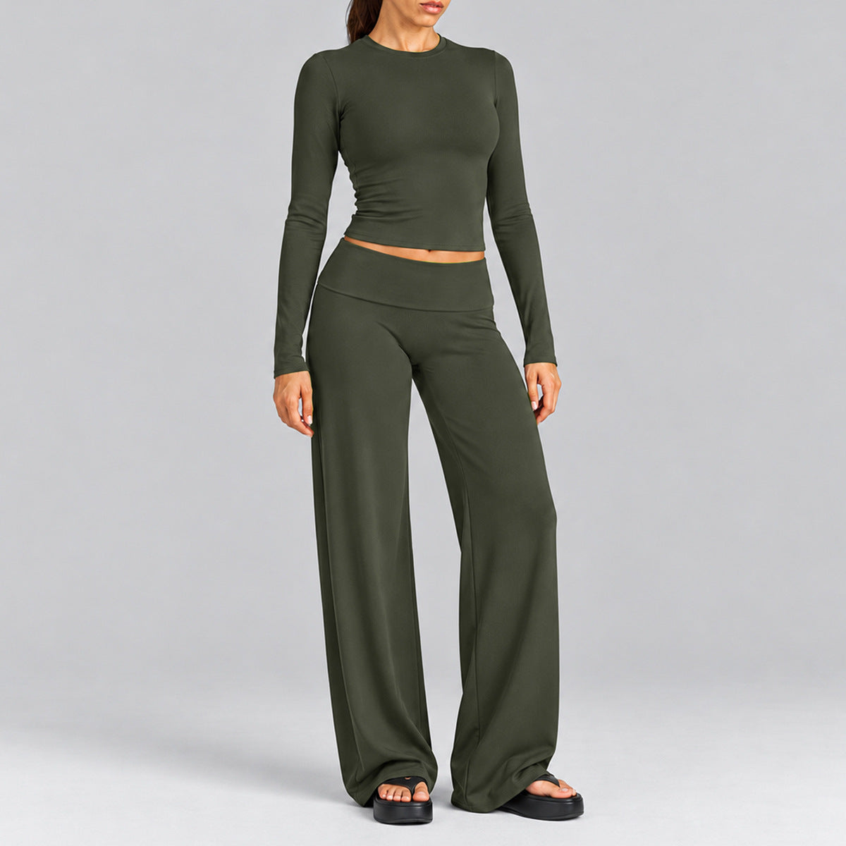 Wholesale Women’s Activewear Set | Fitted Long Sleeve Tee & Loose-Fit Foldover Waist Workout Pants | fouregg - Long Sleeve + Long Pants, Olive Green