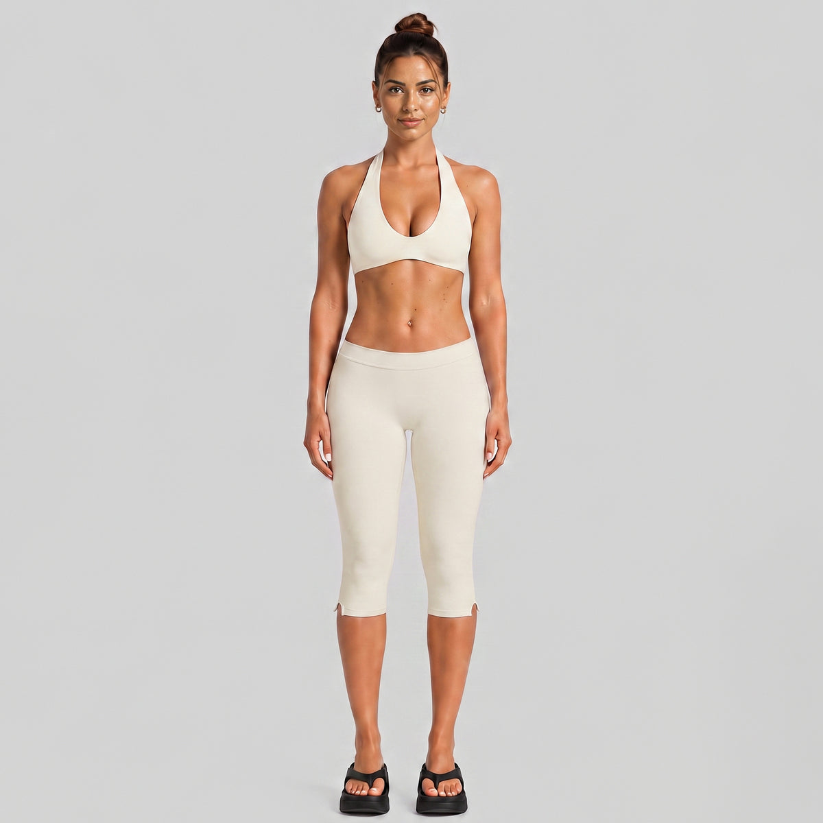 Wholesale Women’s Activewear Set | Halter Workout Top & Capri Pants for Running, Cycling & Pilates | fouregg - Albumen White