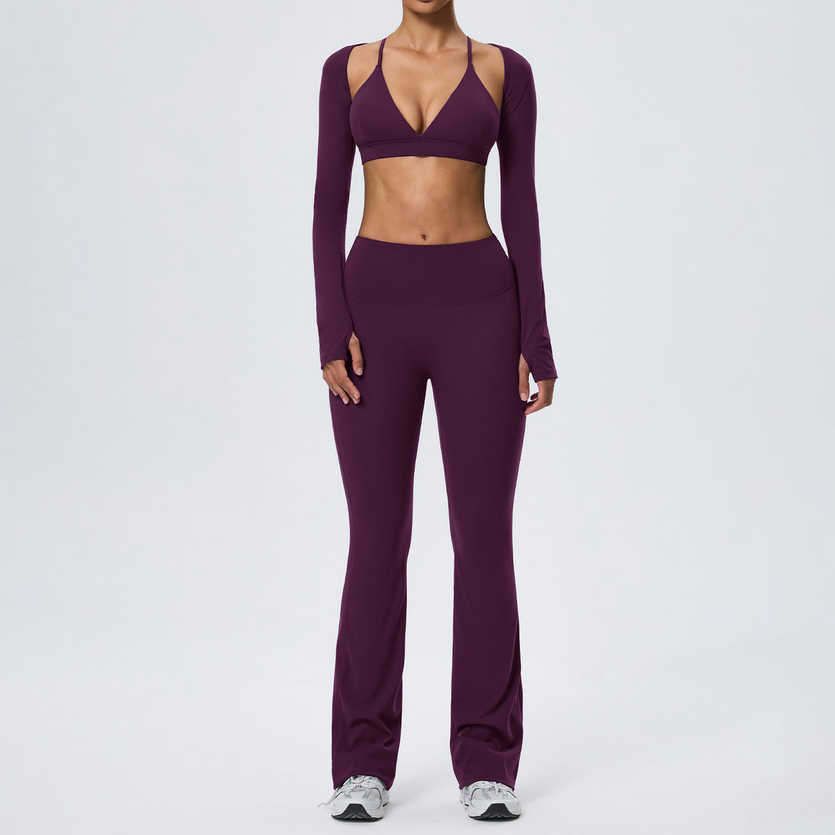 Wholesale Women’s Double-Brushed Yoga Set | Bulk 3-Piece Sculpting Fitness & Running Wear | fouregg - Plum Purple