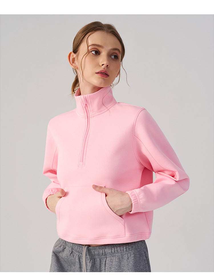 Wholesale Women’s Cropped Sweatshirt | Bulk Relaxed-Fit Half-Zip Workout Top | fouregg