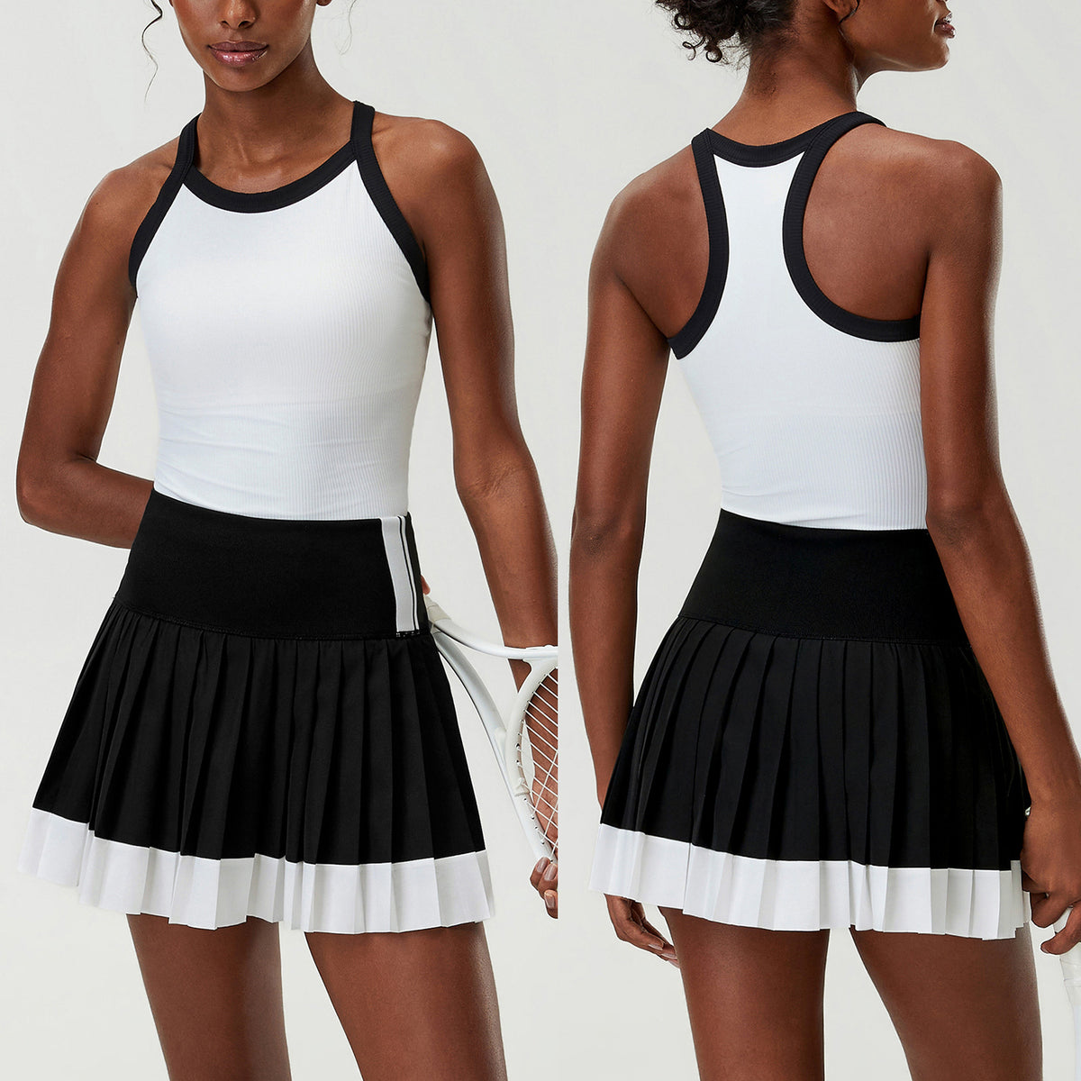 Wholesale Women’s Pleated Athletic Skirt | Plus-Size Tennis, Running & Badminton Skort | fouregg - YB624 Tank Top + SP669 High-Waisted Tennis Skirt Set Black